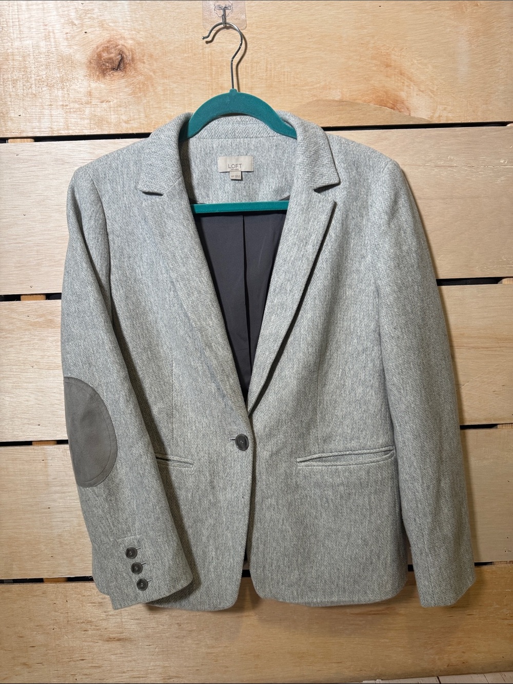 LOFT Grey Herringbone Knit Elbow Patch Blazer Jacket Workwear